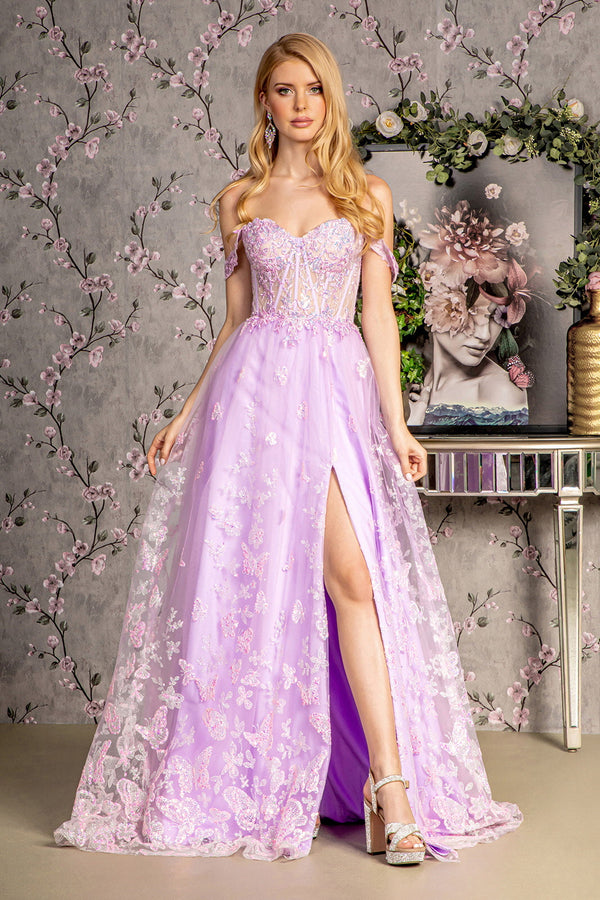Bead Strapless Mesh A-line w/ Detachable Sleeves Long Prom Dress GLGL3206-0