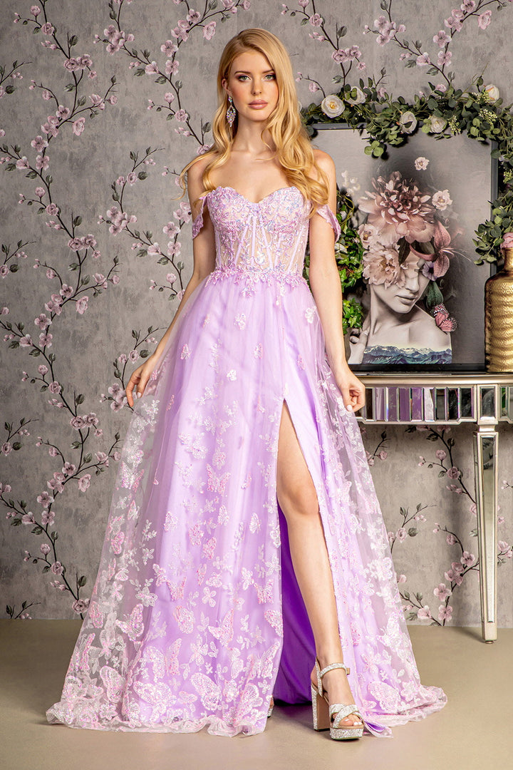Bead Strapless Mesh A-line w/ Detachable Sleeves Long Prom Dress GLGL3206-0