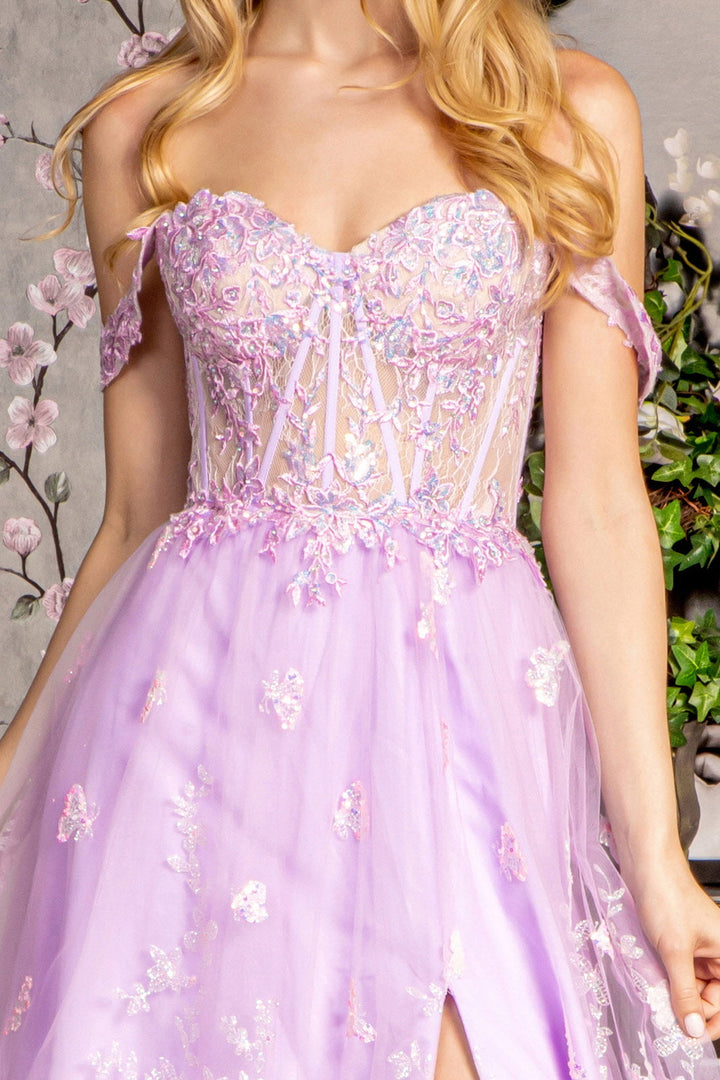 Bead Strapless Mesh A-line w/ Detachable Sleeves Long Prom Dress GLGL3206-2