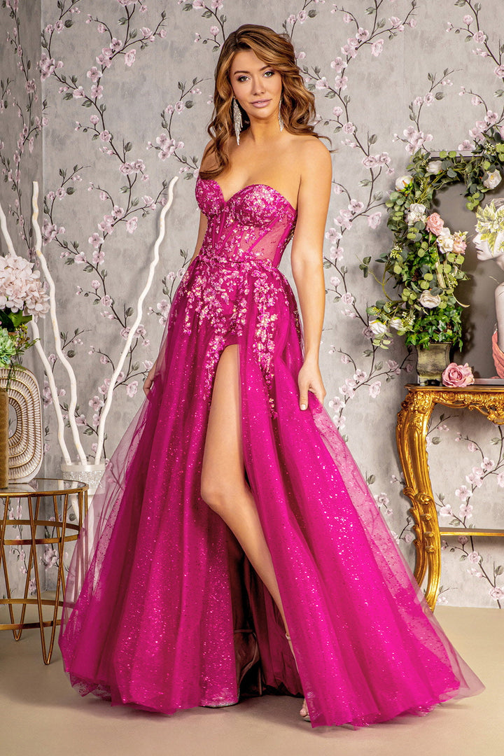 Sequin Strapless Sheer Bodice Mesh A-line Long Prom Dress GLGL3209-5