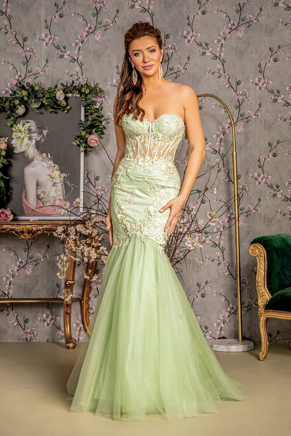 Embroidery Sheer Corset Bodice Trumpet Mesh Long Prom Dress GLGL3211-0