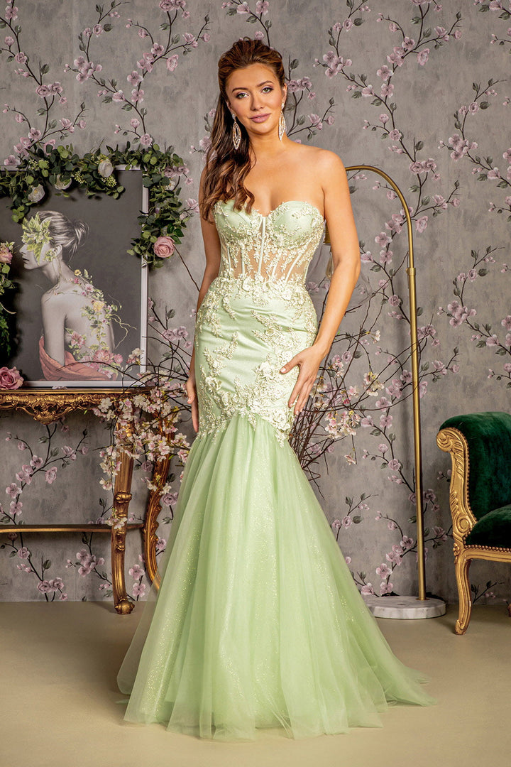 Embroidery Sheer Corset Bodice Trumpet Mesh Long Prom Dress GLGL3211-0