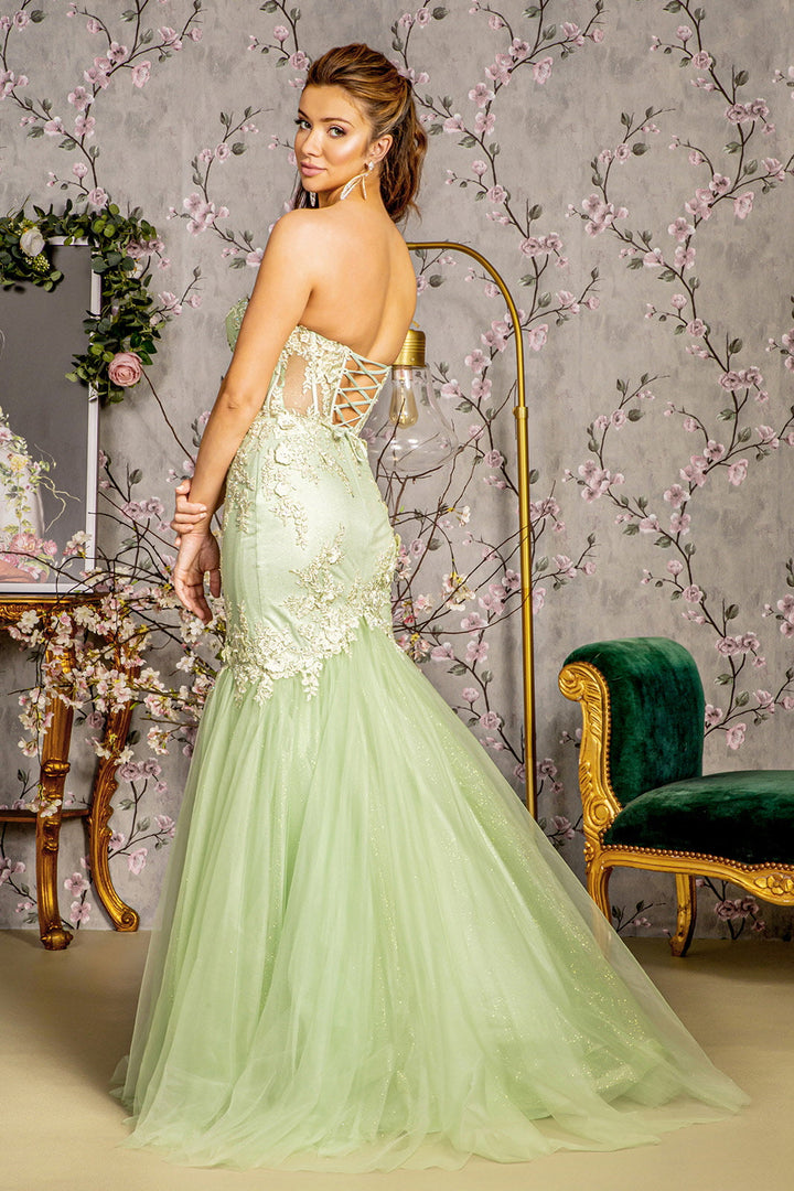 Embroidery Sheer Corset Bodice Trumpet Mesh Long Prom Dress GLGL3211-1