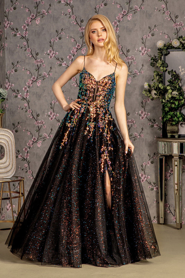 Glitter Illusion Sweetheart Sheer Bodice Mesh A-line Long Prom Dress GLGL3218-0