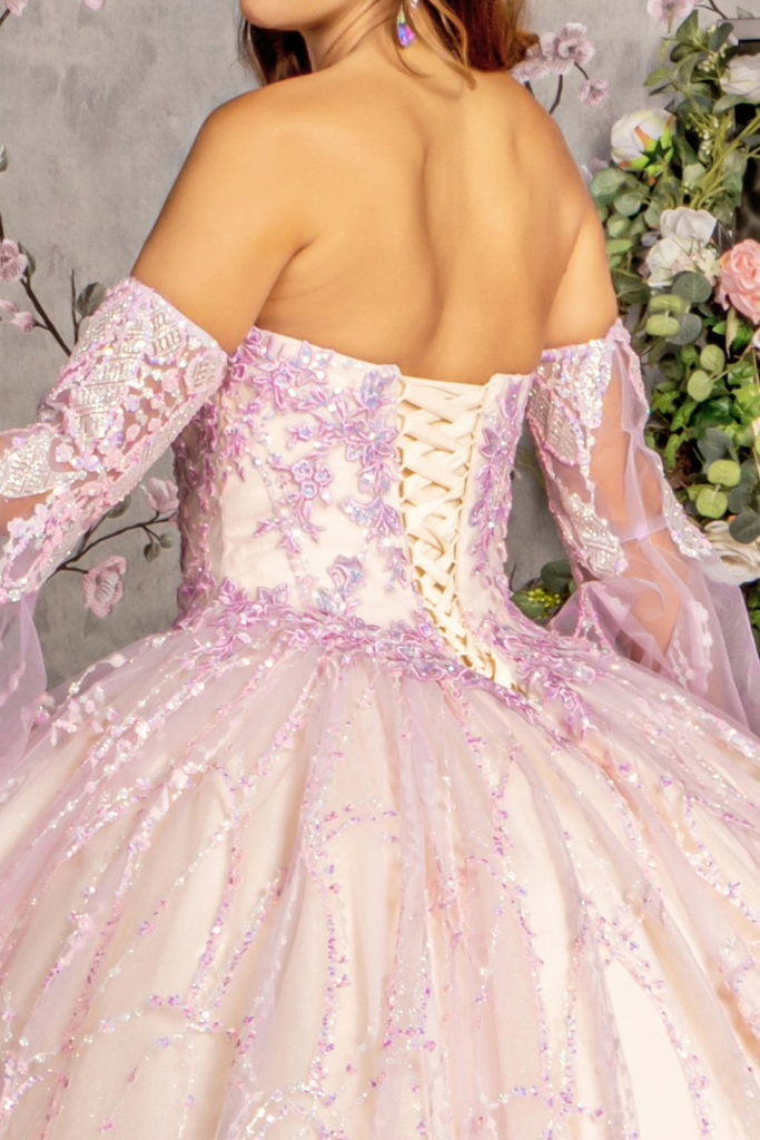 Jewel Sequin Mesh Ball Gown w/ Detachable Long Sleeves-3