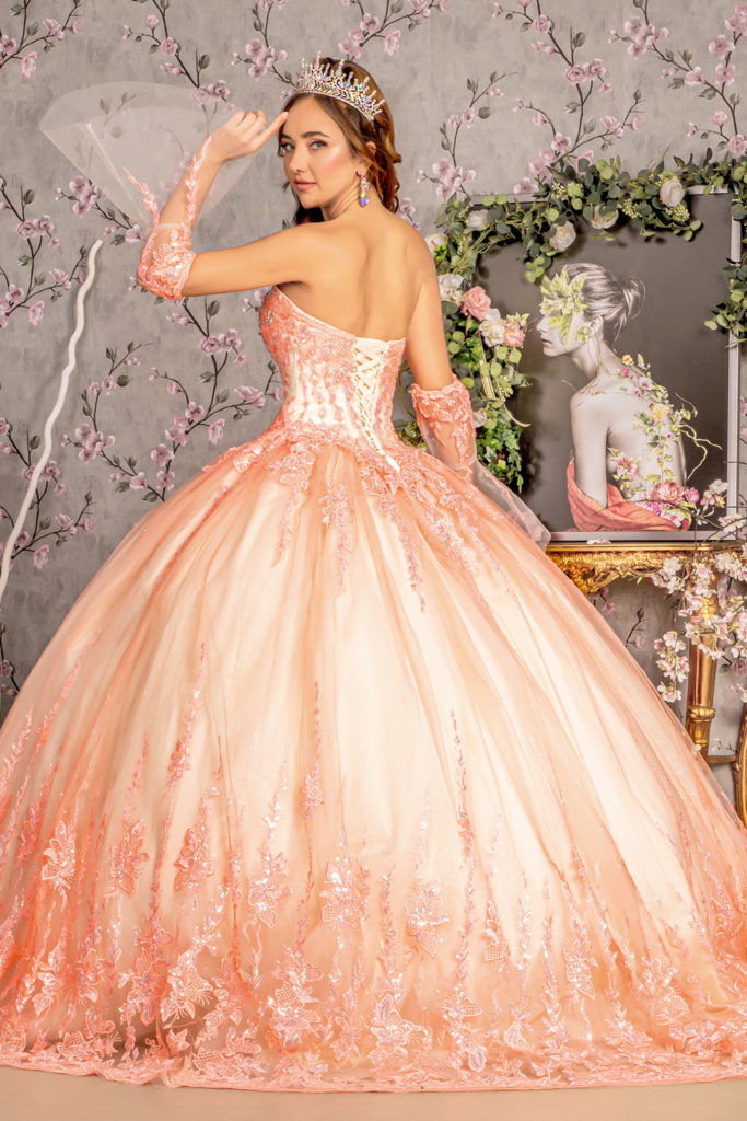 Jewel Sequin Sweetheart Mesh Ball Gown w/ Long Sheer Sleeves-1