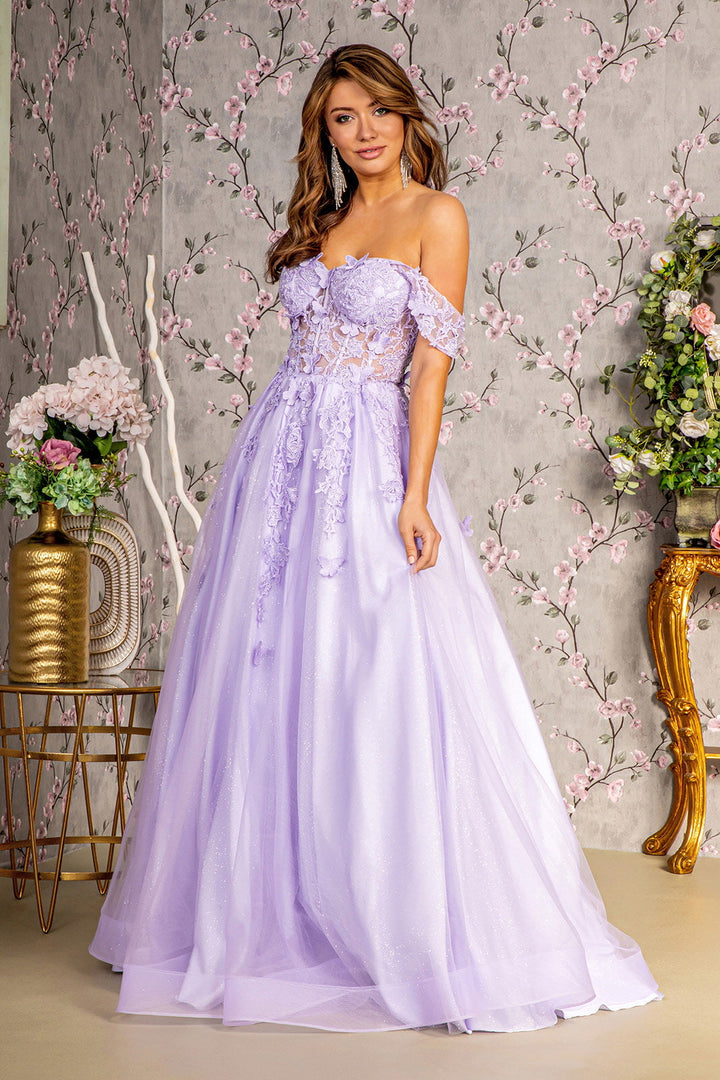 3D Butterfly Bead Sheer Bodice Mesh A-line Long Prom Dress GLGL3296-2
