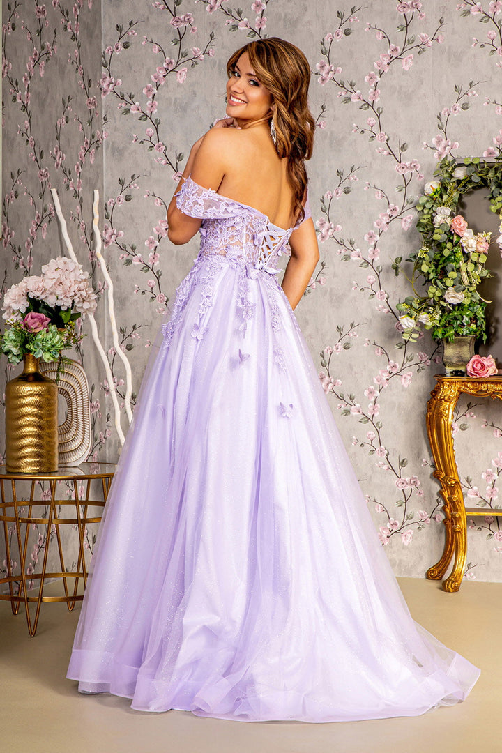 3D Butterfly Bead Sheer Bodice Mesh A-line Long Prom Dress GLGL3296-3
