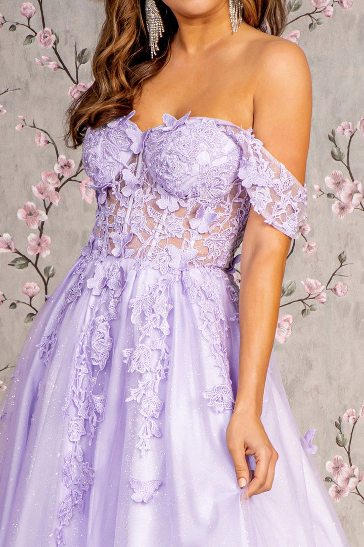 3D Butterfly Bead Sheer Bodice Mesh A-line Long Prom Dress GLGL3296-4