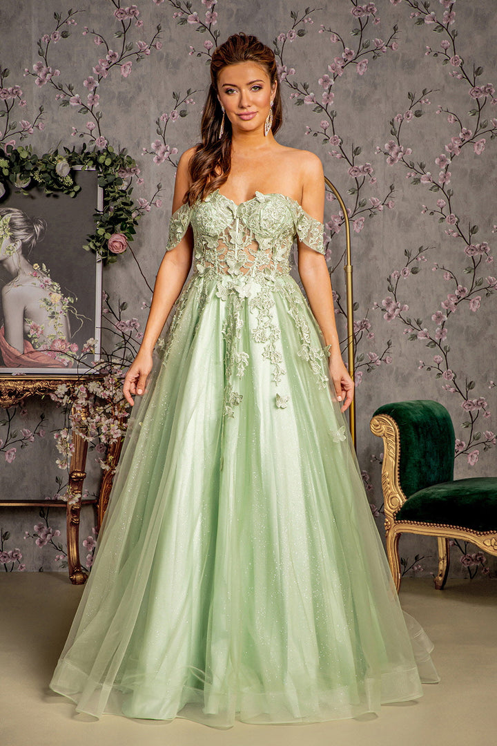 3D Butterfly Bead Sheer Bodice Mesh A-line Long Prom Dress GLGL3296-0