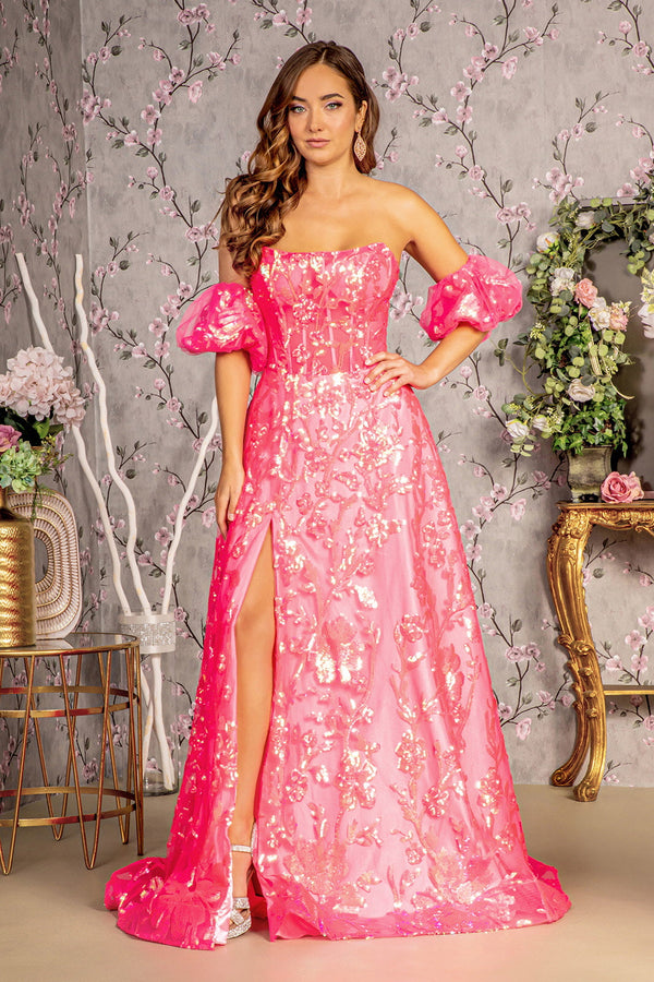 Sequin Sheer Bodice Mesh A-line w/ Puff Sleeves Long Prom Dress GLGL3311-0