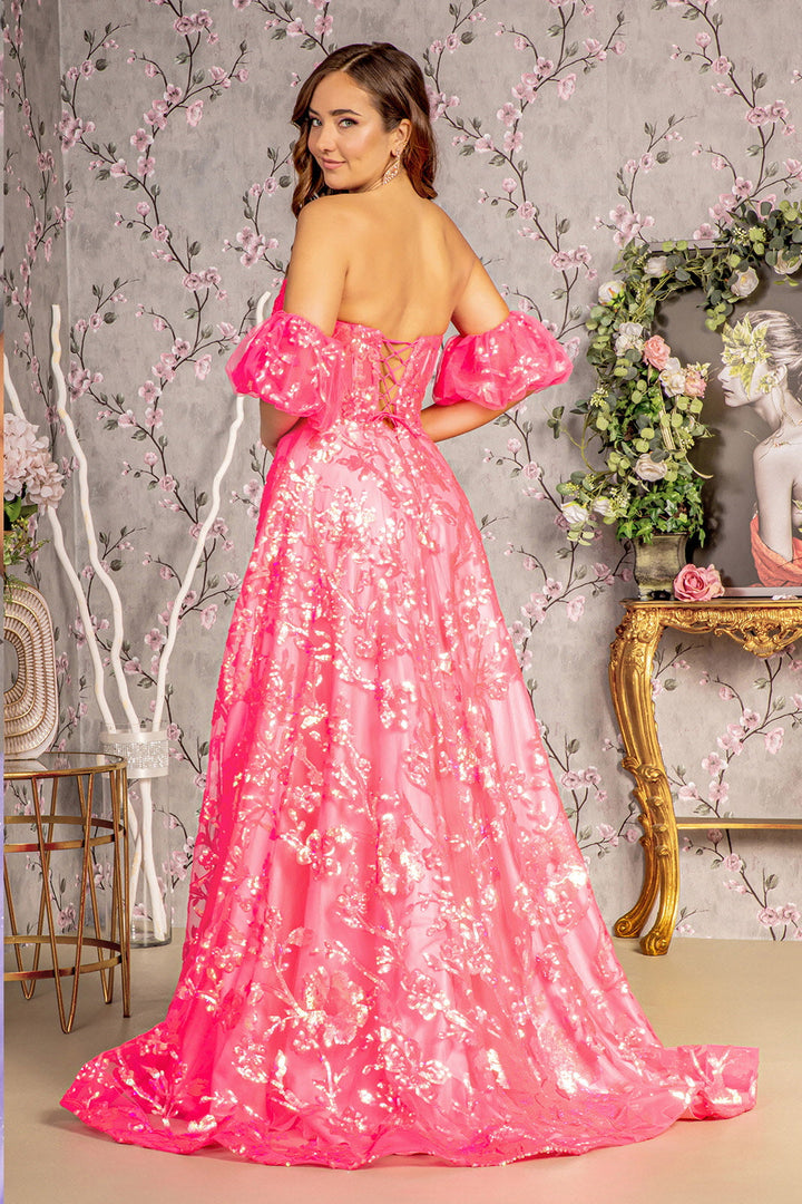 Sequin Sheer Bodice Mesh A-line w/ Puff Sleeves Long Prom Dress GLGL3311-1