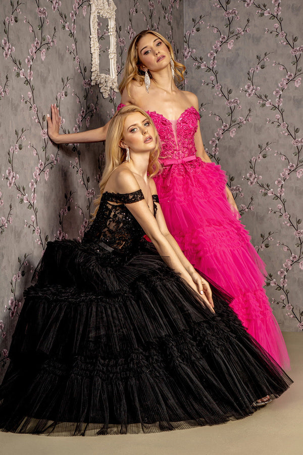 3D Flower Off Shoulder Mesh A-line Ribbon waist Band Long Prom Dress GLGL3391-0