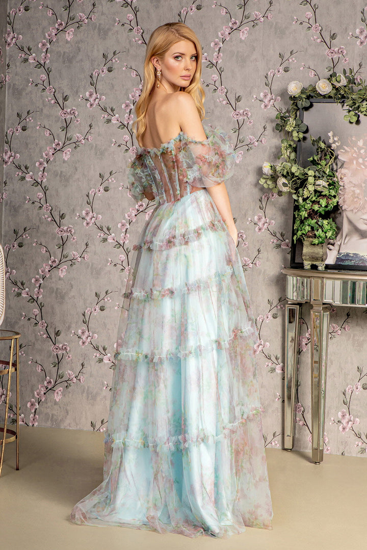 Sweetheart Off Shoulder Ruffle Mesh A-line Long Prom Dress GLGL3394-1