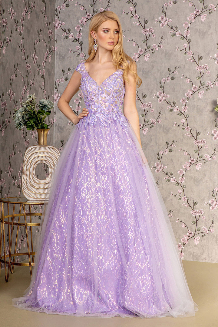 Embroidery V-neck Sheer Bodice Mesh A-line Long Prom Dress GLGL3398-0