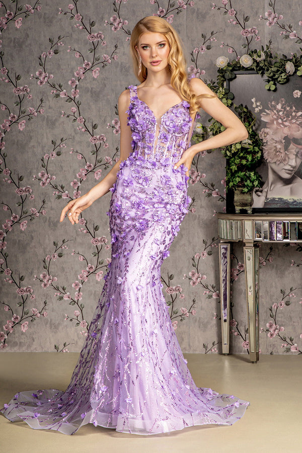 Jewel Glitter Sheer Bodice Mesh Mermaid Long Prom Dress GLGL3410-0