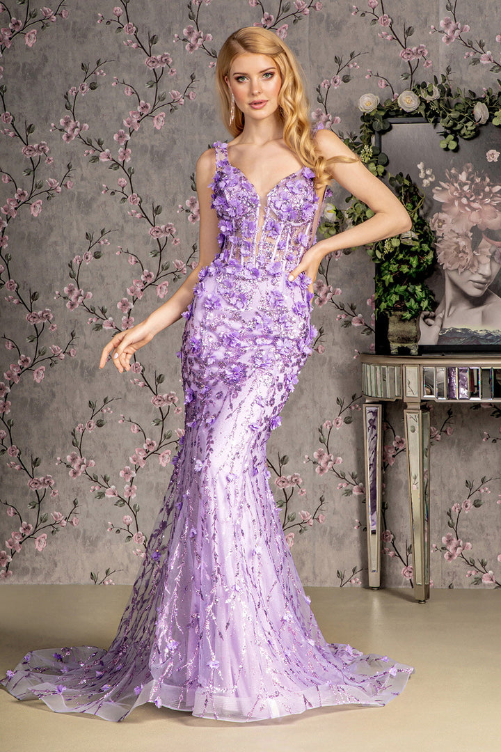 Jewel Glitter Sheer Bodice Mesh Mermaid Long Prom Dress GLGL3410-0