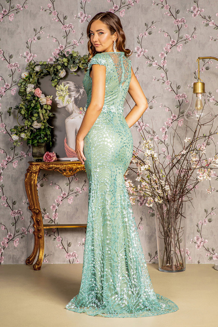 3D Flower Glitter Sheer Neckline Mesh Mermaid Long Prom Dress GLGL3414-1