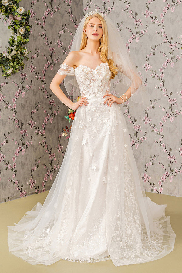 Jewel Glitter Sheer Bodice Mesh A-line w/ Long Mesh Cape Long Wedding Dress GLGL3423-0