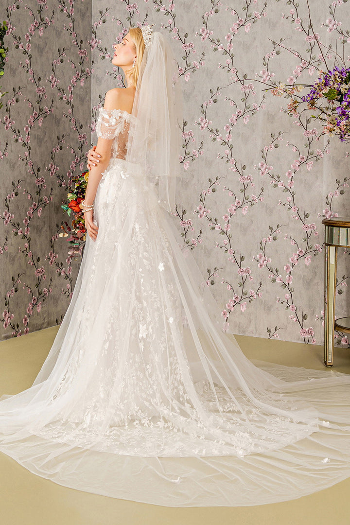 Jewel Glitter Sheer Bodice Mesh A-line w/ Long Mesh Cape Long Wedding Dress GLGL3423-1