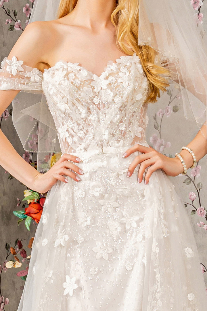 Jewel Glitter Sheer Bodice Mesh A-line w/ Long Mesh Cape Long Wedding Dress GLGL3423-2