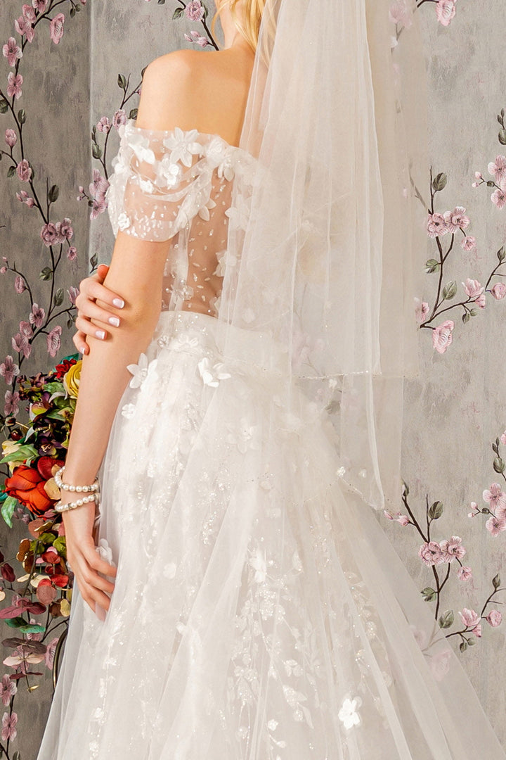 Jewel Glitter Sheer Bodice Mesh A-line w/ Long Mesh Cape Long Wedding Dress GLGL3423-3