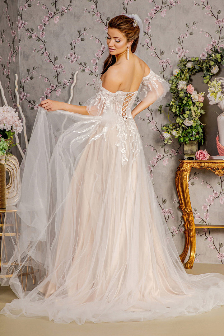 Sheer Bodice Mesh A-line w/ Detachable Short Sleeves Long Wedding Dress GLGL3427-1