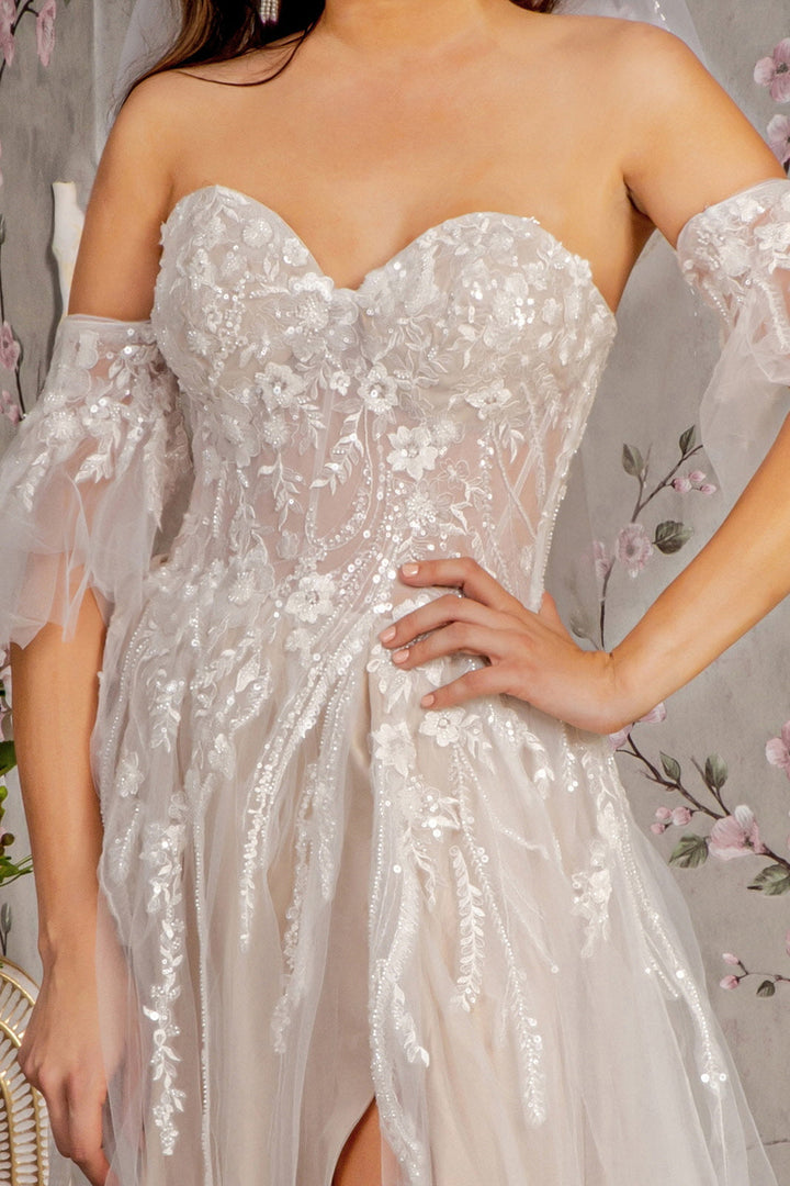Sheer Bodice Mesh A-line w/ Detachable Short Sleeves Long Wedding Dress GLGL3427-2