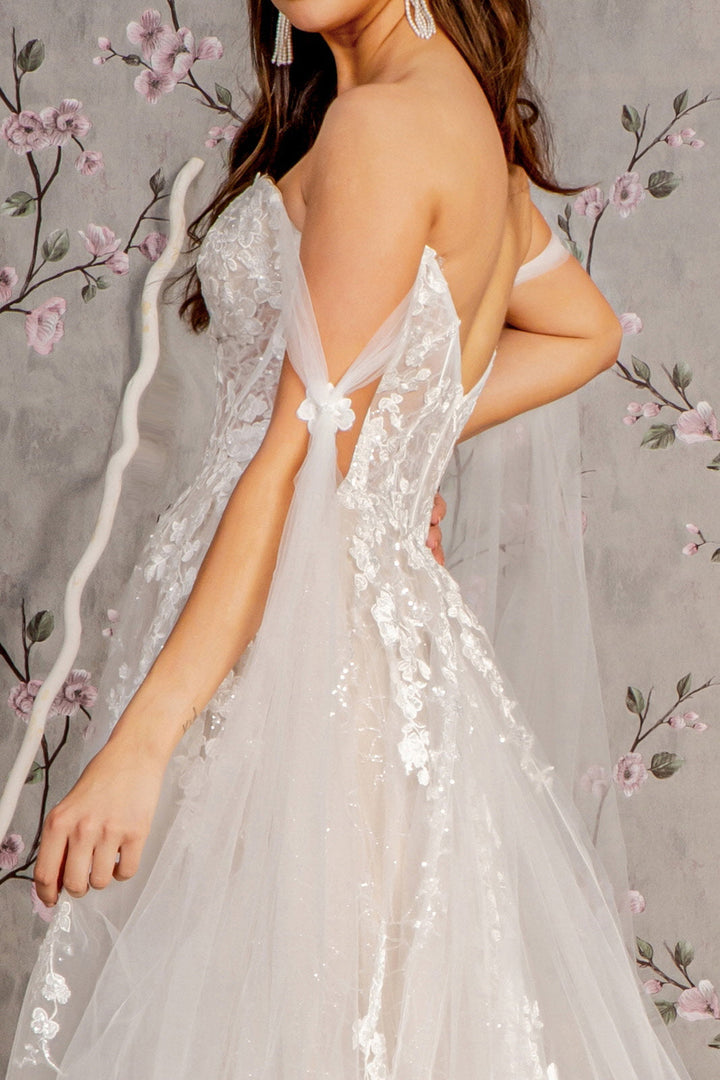 Floral Embroidery Mesh A-line w/ Long Side Drapes Long Wedding Dress GLGL3428-3
