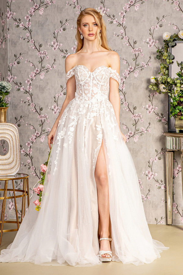 Floral Embroidery Sheer Bodice Off Shoulder Mesh A-line Long Wedding Dress GLGL3429-0