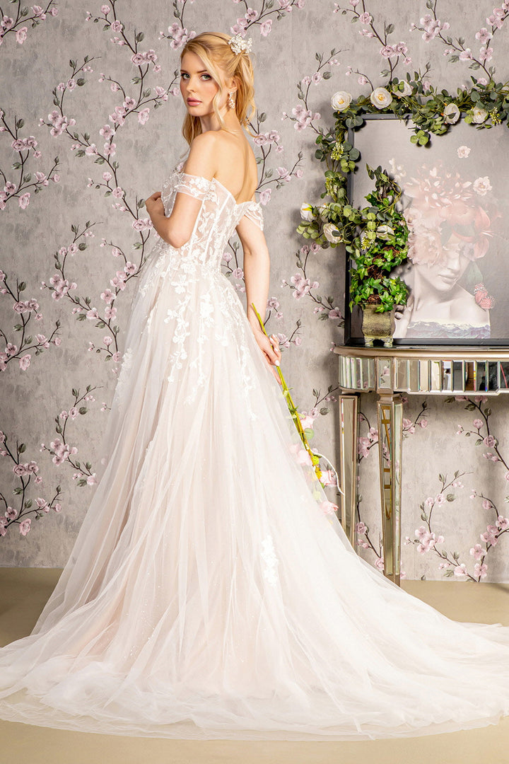 Floral Embroidery Sheer Bodice Off Shoulder Mesh A-line Long Wedding Dress GLGL3429-1
