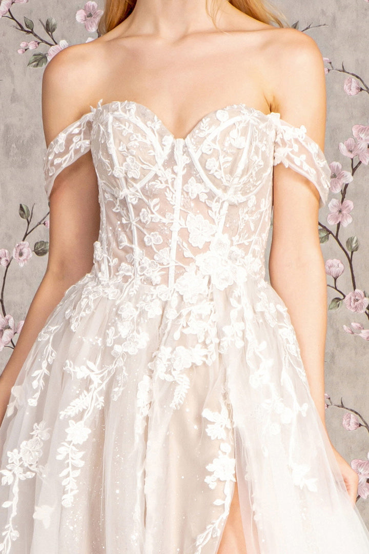 Floral Embroidery Sheer Bodice Off Shoulder Mesh A-line Long Wedding Dress GLGL3429-3