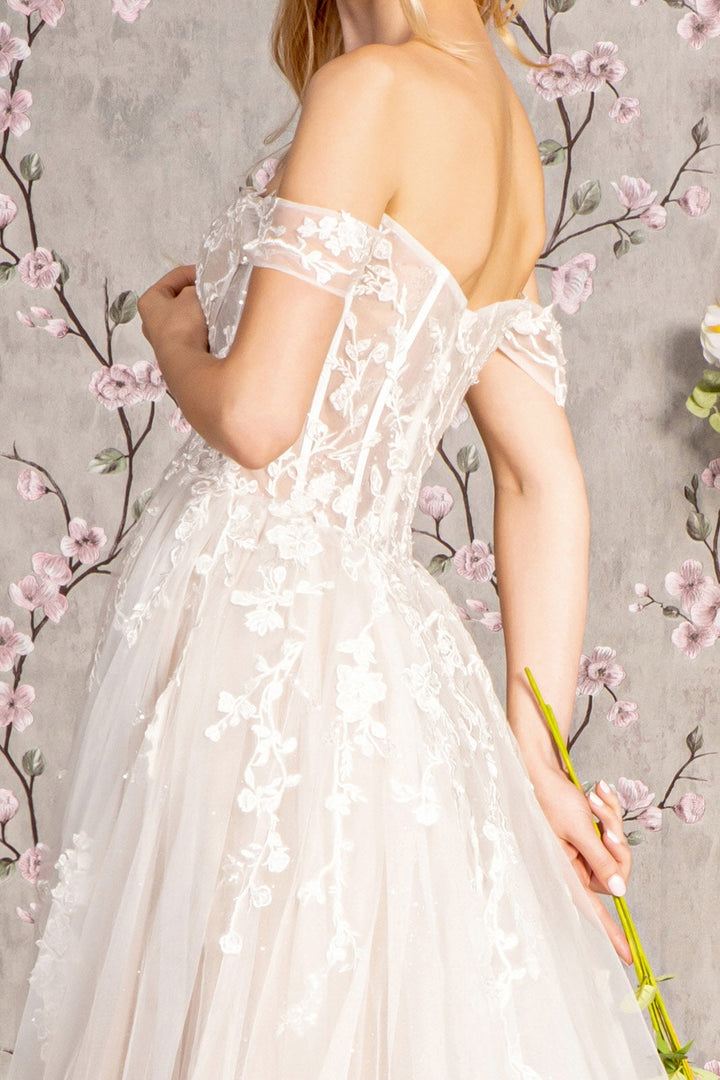 Floral Embroidery Sheer Bodice Off Shoulder Mesh A-line Long Wedding Dress GLGL3429-4