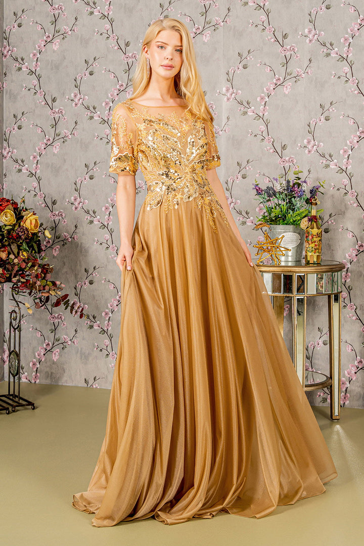 Metallic Embroidery Sheer Neckline Glitter Crepe A-line Long Mother Of The Bride Dress GLGL3444-4