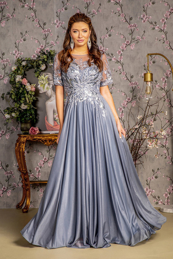 Metallic Embroidery Sheer Neckline Glitter Crepe A-line Long Mother Of The Bride Dress GLGL3444-0
