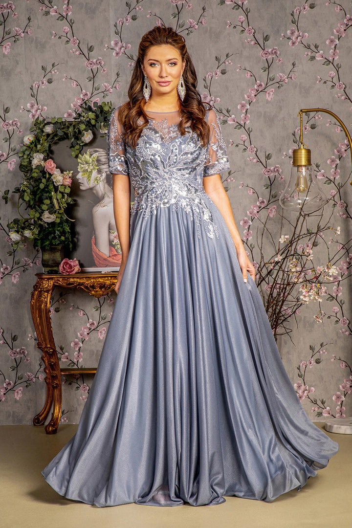 Metallic Embroidery Sheer Neckline Glitter Crepe A-line Long Mother Of The Bride Dress GLGL3444-0