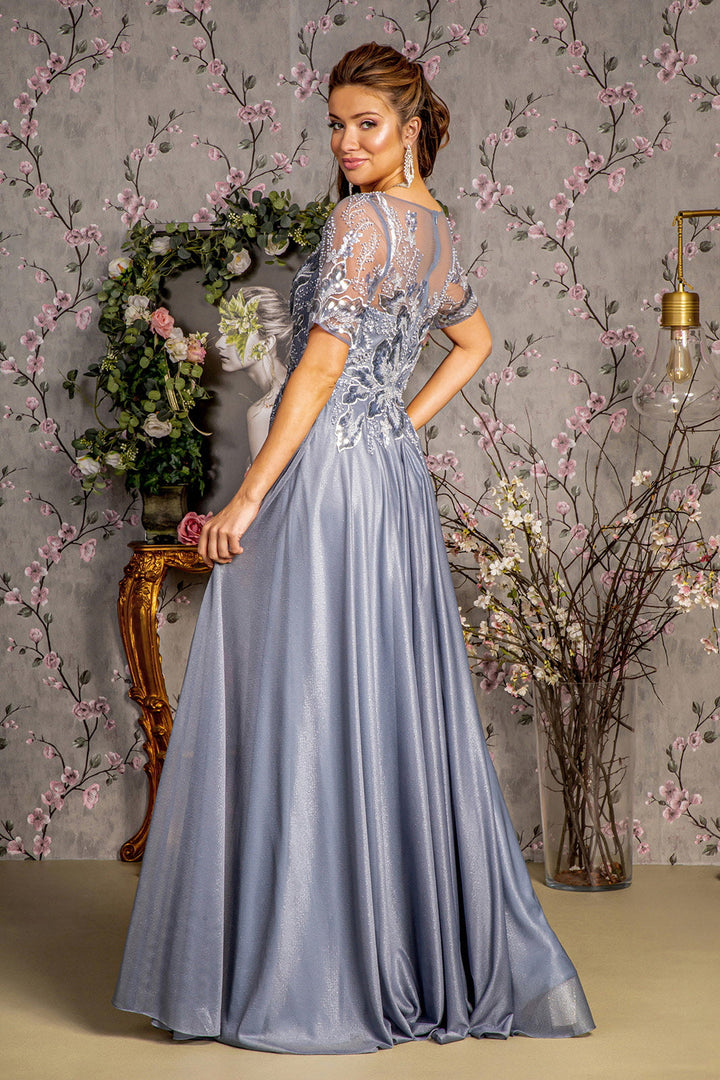 Metallic Embroidery Sheer Neckline Glitter Crepe A-line Long Mother Of The Bride Dress GLGL3444-1