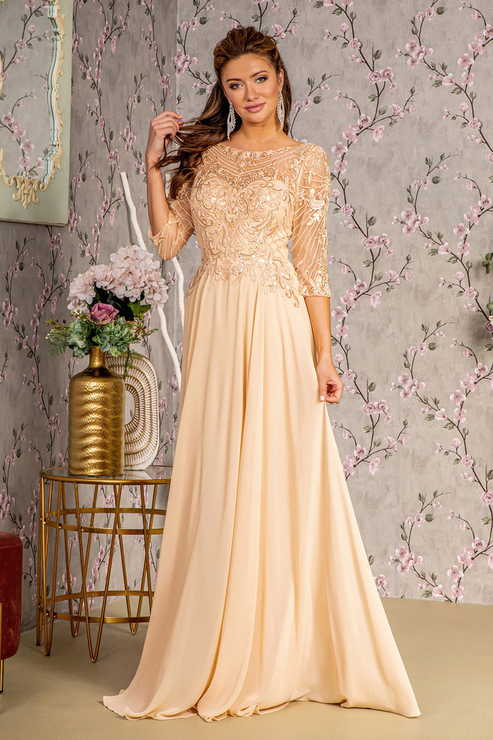 Metallic Sequin Sheer Neckline Chiffon A-line Long Mother Of The Bride Dress GLGL3446-2