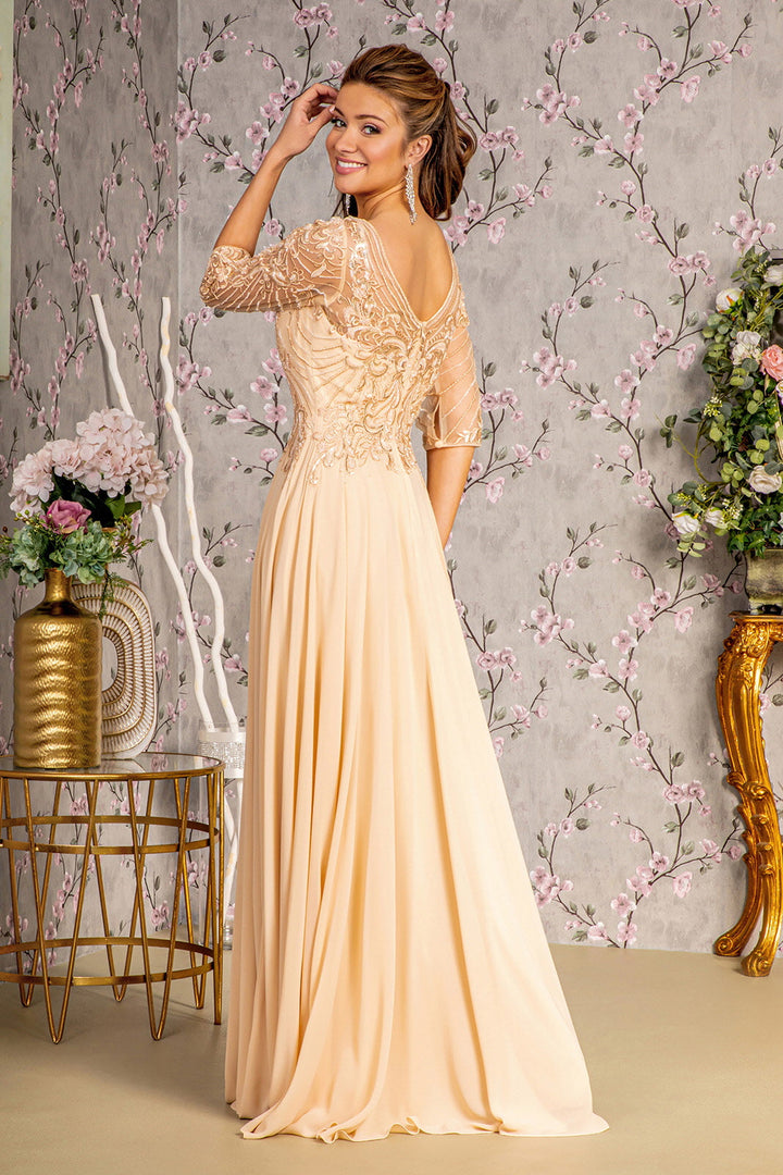 Metallic Sequin Sheer Neckline Chiffon A-line Long Mother Of The Bride Dress GLGL3446-3