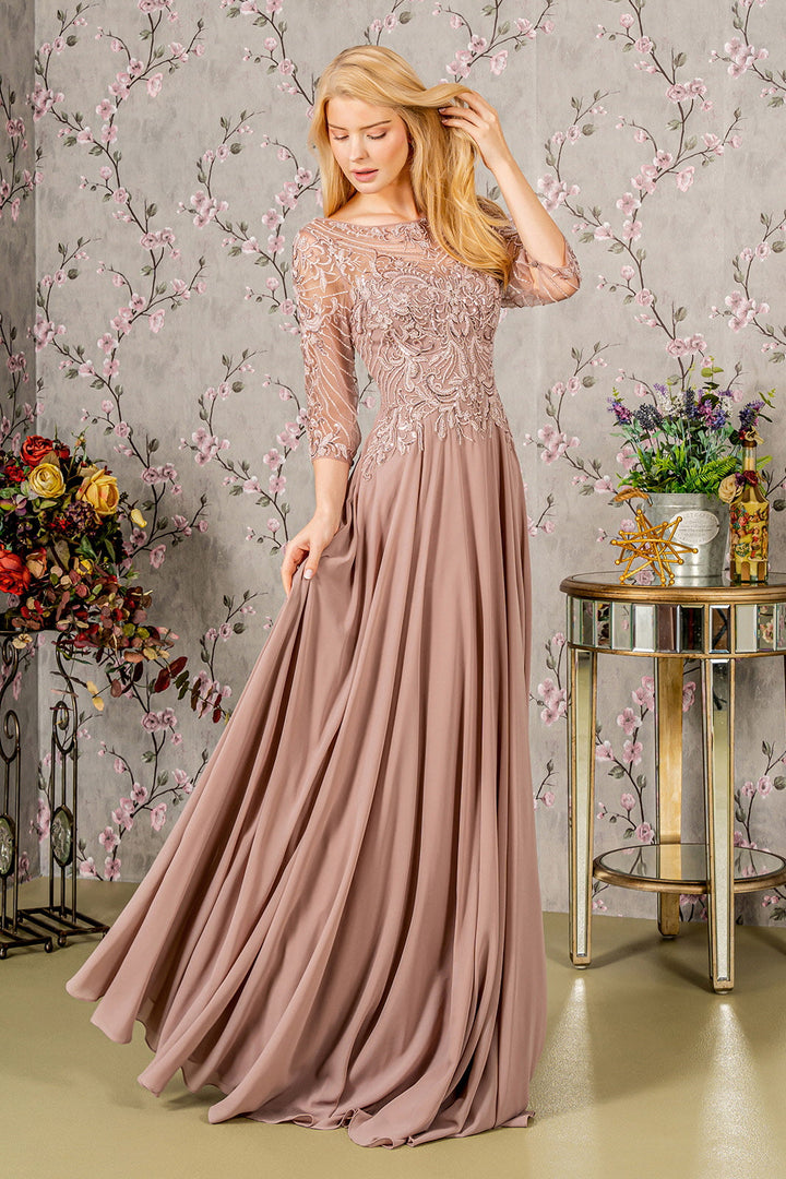 Metallic Sequin Sheer Neckline Chiffon A-line Long Mother Of The Bride Dress GLGL3446-6