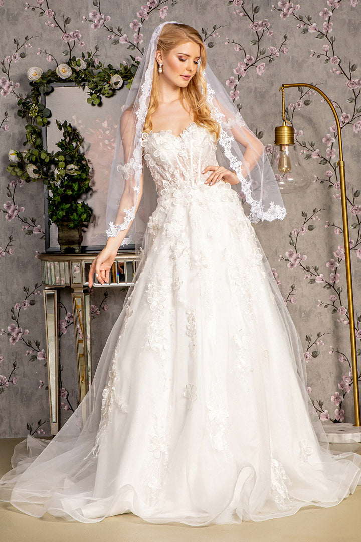 3D Flower Sequin Off Shoulder Mesh A-line w/ Side Drapes Long Wedding Dress GLGL3448-0