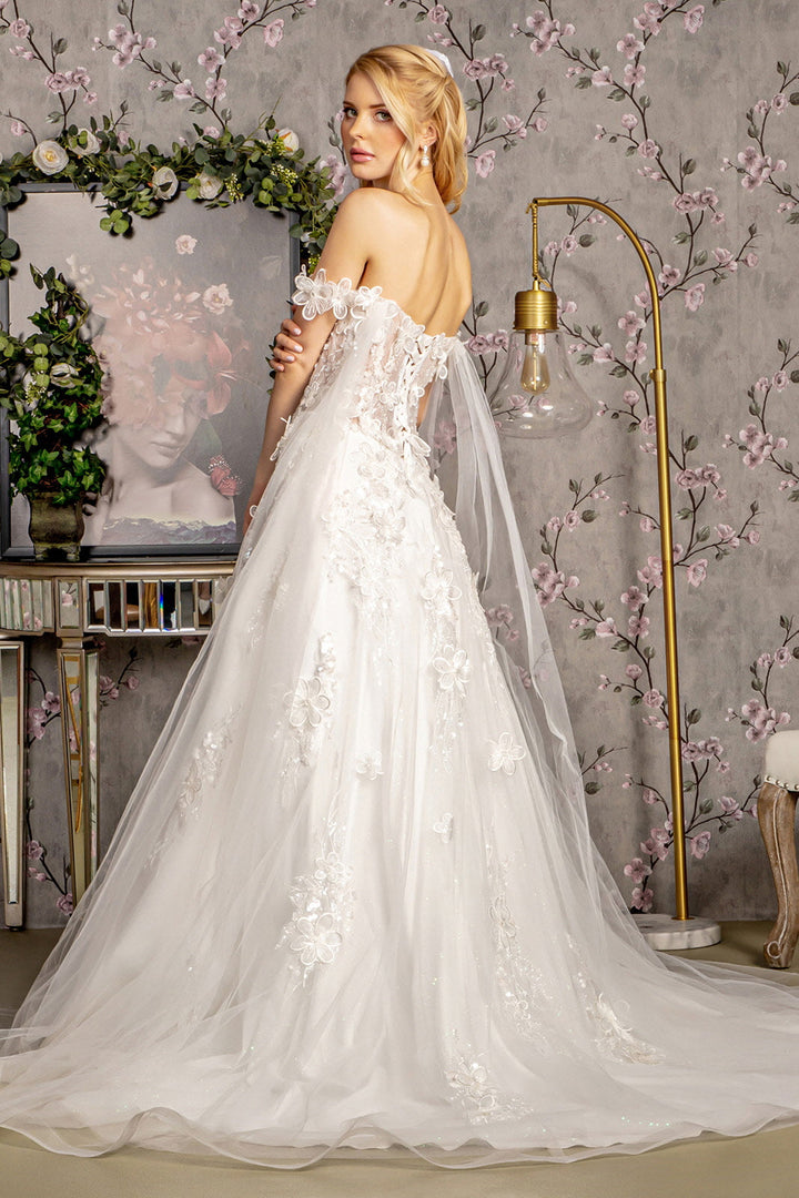 3D Flower Sequin Off Shoulder Mesh A-line w/ Side Drapes Long Wedding Dress GLGL3448-1