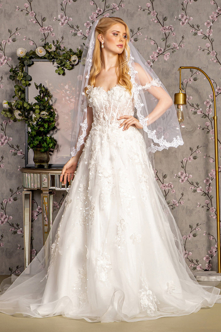3D Flower Sequin Off Shoulder Mesh A-line w/ Side Drapes Long Wedding Dress GLGL3448-2