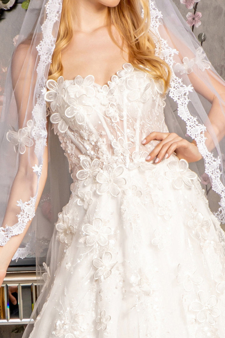3D Flower Sequin Off Shoulder Mesh A-line w/ Side Drapes Long Wedding Dress GLGL3448-3