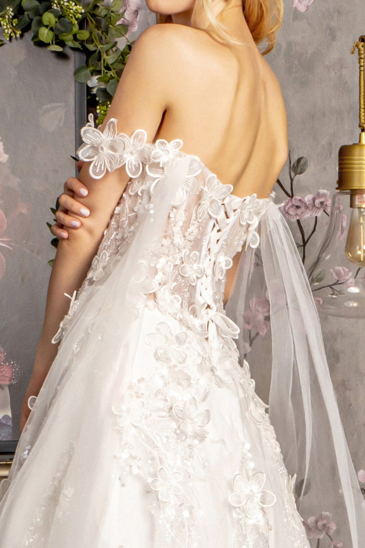 3D Flower Sequin Off Shoulder Mesh A-line w/ Side Drapes Long Wedding Dress GLGL3448-4