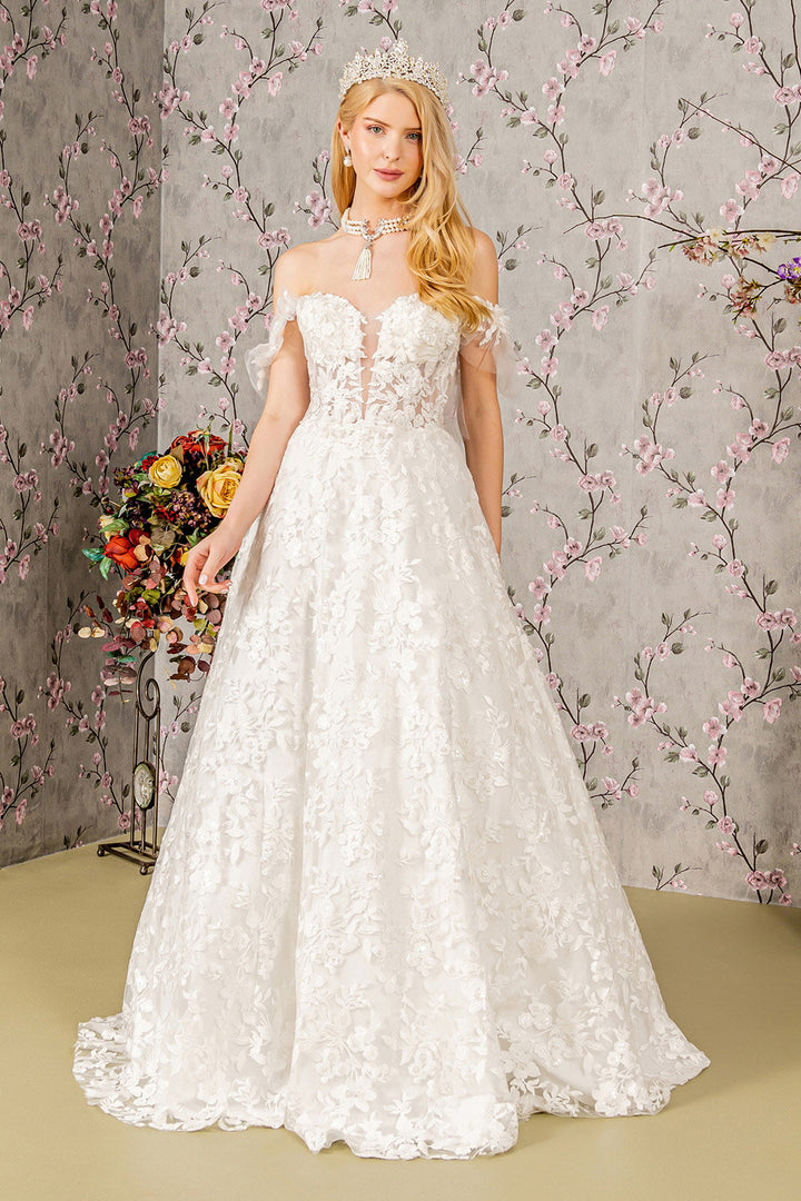 Sheer Bodice Sweetheart Mesh w/ Long Back Drape Long Wedding Dress GLGL3449-0