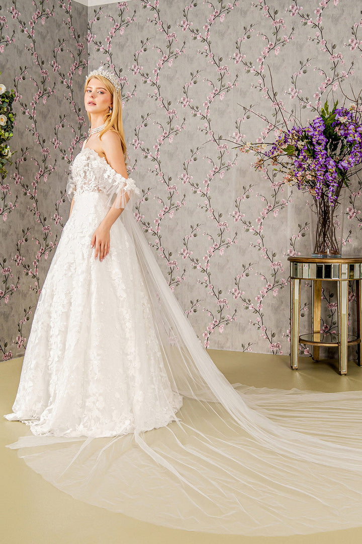 Sheer Bodice Sweetheart Mesh w/ Long Back Drape Long Wedding Dress GLGL3449-1