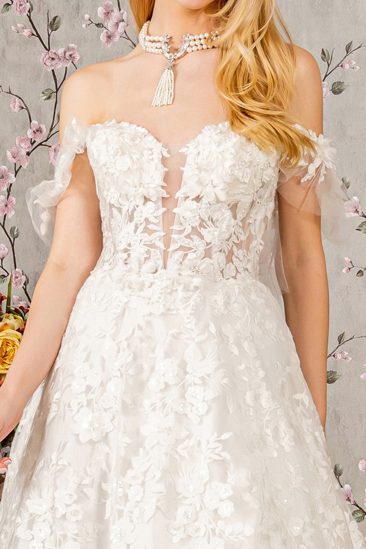 Sheer Bodice Sweetheart Mesh w/ Long Back Drape Long Wedding Dress GLGL3449-2