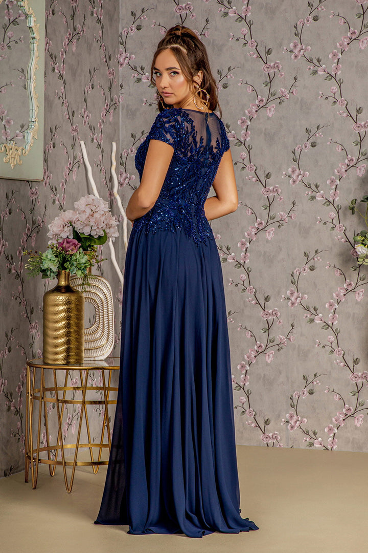 Embroidery Sequin Sheer V-neckline Chiffon A-line Long Mother Of The Bride Dress GLGL3450-1