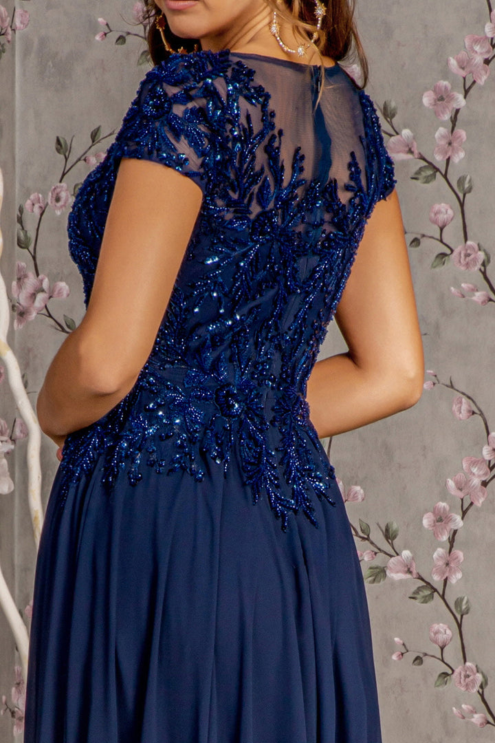 Embroidery Sequin Sheer V-neckline Chiffon A-line Long Mother Of The Bride Dress GLGL3450-3